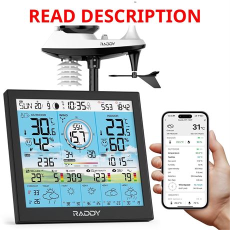 Raddy WF-120P Wi-Fi Weather Station with App, 10" Color Display