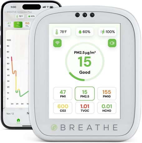 Breathe Airmonitor Plus: Smart Indoor Air Monitor - 8-in-1 CO2, HCHO, VOC