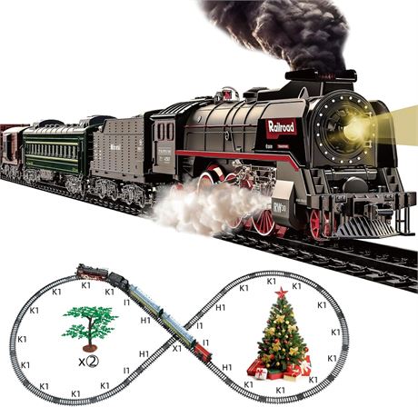 Train Set: Train with Lights, Sounds, Smoke - Steam Locomotive, Track & 2 Cars