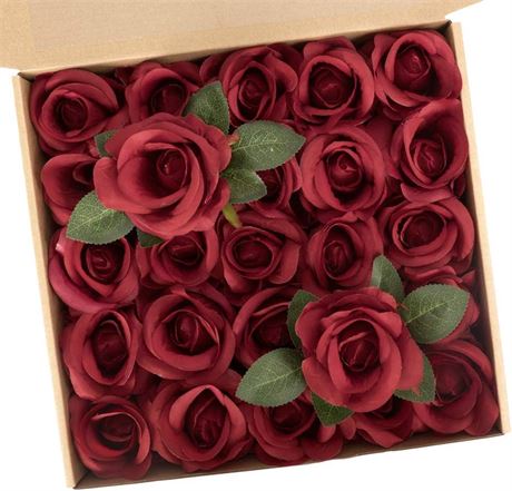MACTING 25 Artificial Silk Roses with Stems, Wedding Centerpieces, Dark Red