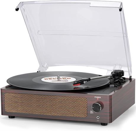 Tourne-disque vinyle vintage bois rouge avec haut-parleurs Bluetooth 3 vitesses