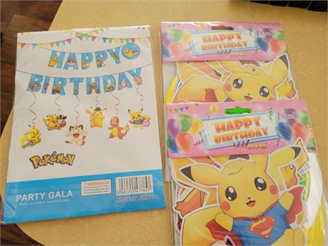 Lot of 3 Pokemon Party Supplies Decorations 12 Swirl Jumbo 1 Banner Kit