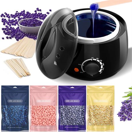 Waxing Kit with Warmer, 4 Wax Bean Bags + 30 Sticks, At-Home Hair Removal Black