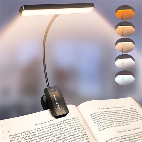 Glocusent 26 LED Rechargeable Book Light, 1200mAh, 90H Reading, 5 Amber Colors