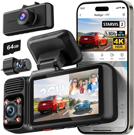 REDTIGER F17 4K 3 Channel Dash Cam, 2160P+1080P+1080P, 64GB Card, WiFi GPS