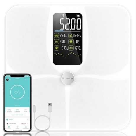 Lepulse Smart Body Scale with App, 22 Metrics, BMI, Heart Rate, White