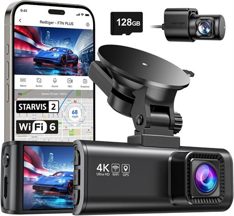 REDTIGER 4K Dash Cam Dual STARVIS 2, 5.8GHz WiFi, 128GB Card, GPS, Night Vision