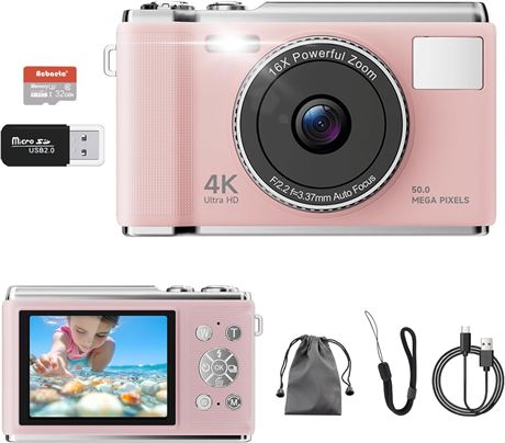 4K 50MP Digital Camera with 32GB TF Card, Autofocus, 16x Zoom, Anti-Shake