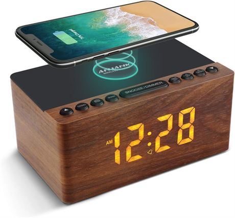 ANJANK Wooden Clock w/ Wireless Charger & FM Radio