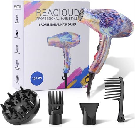 REACLOUD 1875W Hair Dryer w/ Diffuser, Colorful