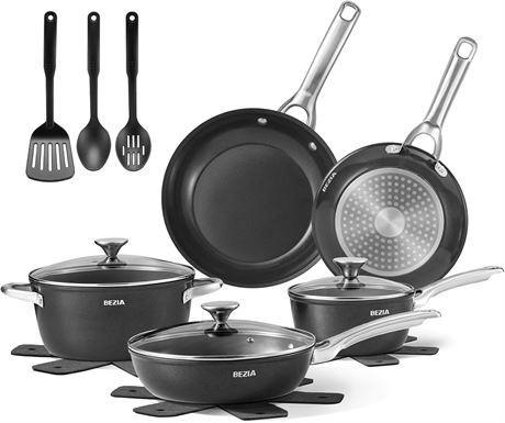 BEZIA 15pc Induction Cookware Set, Non-Stick, Oven Safe, Black F9215