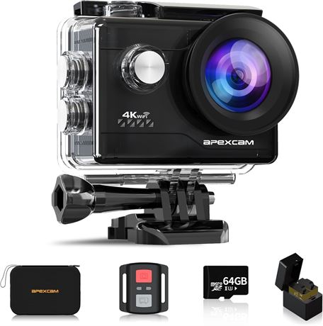 Caméra sport Apexcam 4K WiFi 64Go étanche 40M écran 2" + accessoires