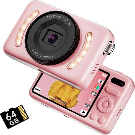 Digital Camera (Pink) with 64GB SD, 64MP 2.7K FHD, Autofocus, 16x Zoom