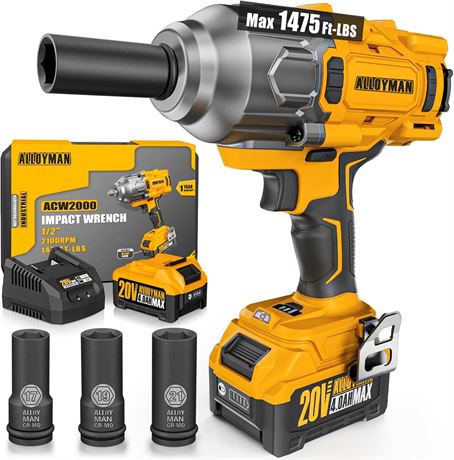 Cordless Brushless Impact Wrench 1475 ft-lbs 1/2” 3-Speed 4000mAh Battery Set