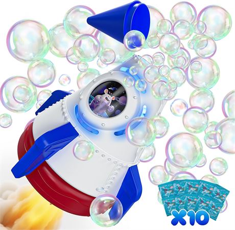 Rocket Bubble Machine for Kids with Lights, 360  Rotating Blower, 10 Refills