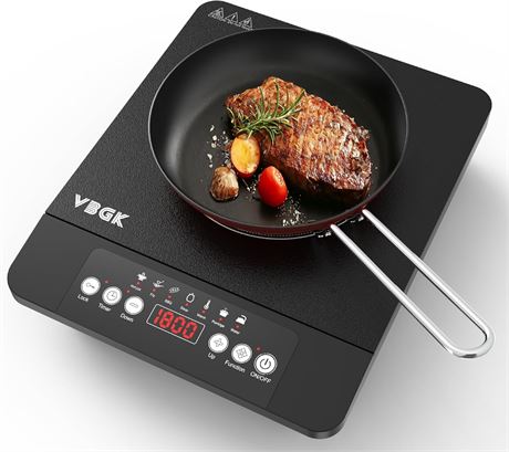 VBGK 1800W Single Burner Induction Cooktop, Portable 110V, LCD Touch, 7-Temp