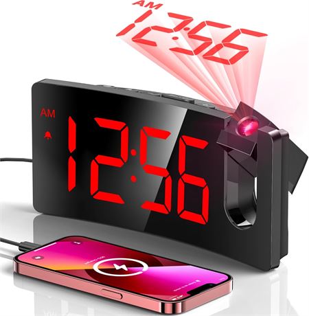 Projection Alarm Clock with Rotating LED Display, USB Charger, Snooze, 12/24h