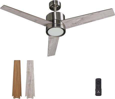 Ventilateur plafond 132cm Vagizm nickel brossé pales bois lumière LED dimmable