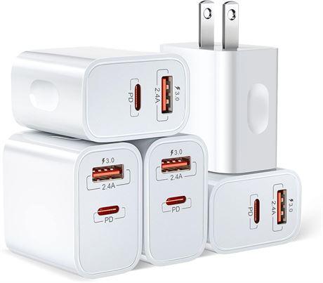 Bangfun 20W USB C Charger Block 5 Pack Dual Port PD Fast Charging White