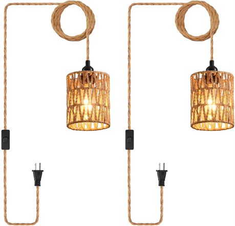Plug-in Pendant Light with Hemp Rope Cord, On/Off Switch, Farmhouse Pendant