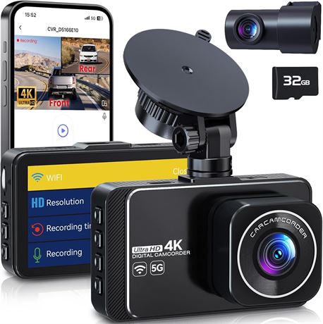 Dashcam 4K avant + 2K arrière, WiFi 5G, vision nocturne, carte 32Go