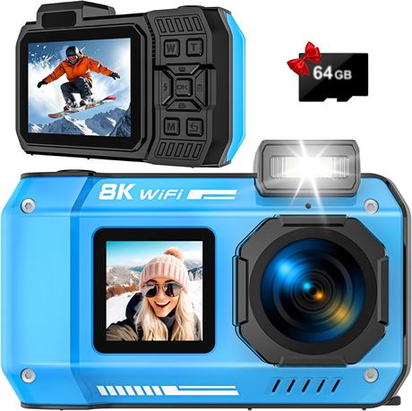 8K 70MP Underwater Camera 33FT WiFi Dual-Screen Selfie 64GB Card
