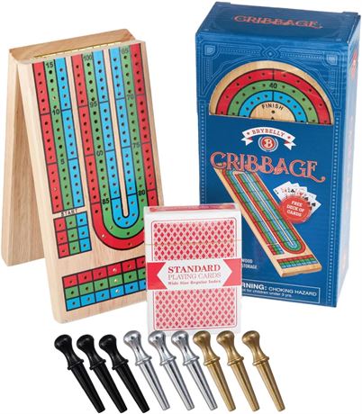 Brybelly 3-Track Real Wood Folding Cribbage Board with Deck and 9 Pegs