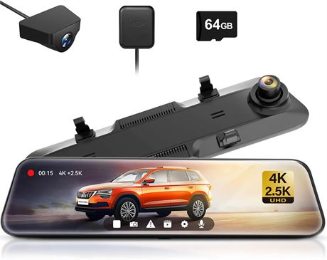 WOLFBOX caméra rétroviseur 4K + 2.5K écran 12" WDR carte 64 Go