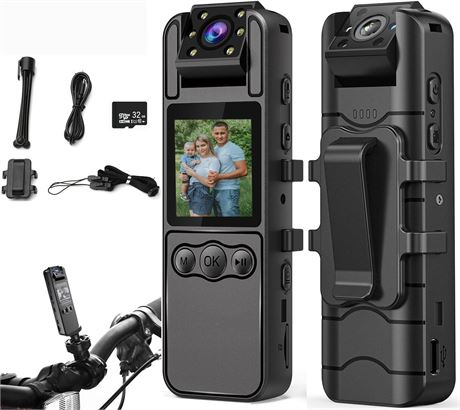 1080P Body Cam with Audio/Video, 180  Lens, 32GB SD Card, 1.3" LCD