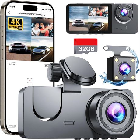 4K Dash Cam Front Inside Rear, 3 Channel Car Camera with 32GB Card, Night Vision