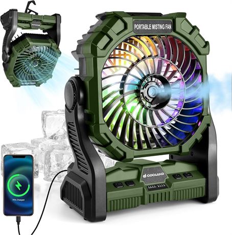 Odoland Camping Fan w/ LED, Misting & Hook – 10400mAh