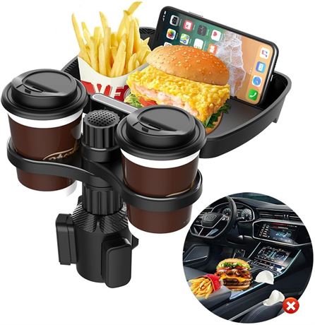 Car Cup Holder Expander with Tray and Phone Mount Adjustable Base Rotating