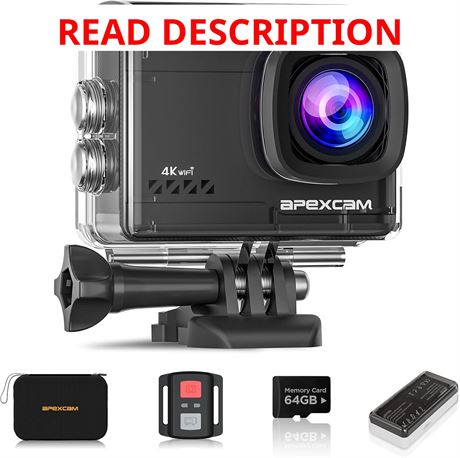 Apexcam 4K60 Action Camera 64GB Card Waterproof 40m LCD 2.0' 2x1350mAh