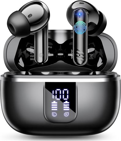Wireless Earbuds Bluetooth 5.4, Noise Cancelling Mic, 46H, USB-C IPX7 Black