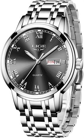 LIGE Mens Fashion Stainless Steel Quartz Watch Waterproof Business Calendar