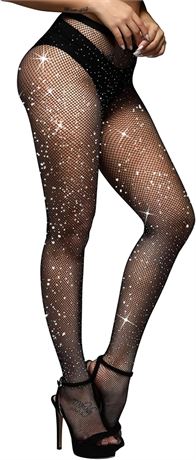 HeyUU High Waist Fishnet Rhinestone Tights Sexy Sparkle Mesh Pantyhose