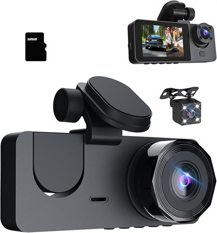 3-Channel Front/Rear Dash Cam 1080P, 32GB, 2" IPS, Night Vision, G-Sensor