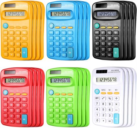 Mini 8-Digit Pocket Calculators, Set of 24, 6 Colors for Kids & Office