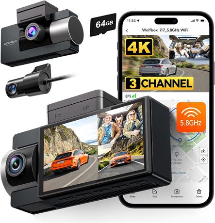 WOLFBOX i17 4K 3-Channel Dash Cam WiFi GPS 64GB Night Vision