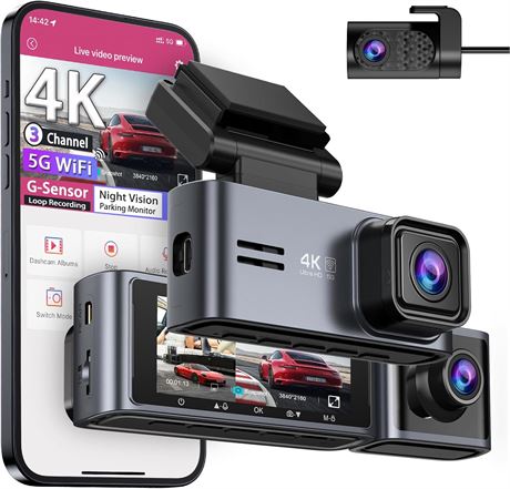 OMBAR Dash Cam 5G WiFi GPS, 3-Channel Front/Rear Inside 2K+1080P+1080P