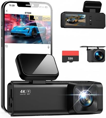 Dashcam double 4K+1080P, vision nocturne, parking 24H, boucle, 32 Go