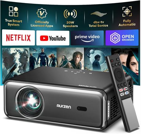 Aurzen Smart Projector 4K Supported, Netflix Official, WiFi/Bluetooth, 20W
