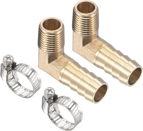 2-Pack Brass Hose Barb Fittings - 90  Elbow, 13mm Connectors with Clamps, G1/4