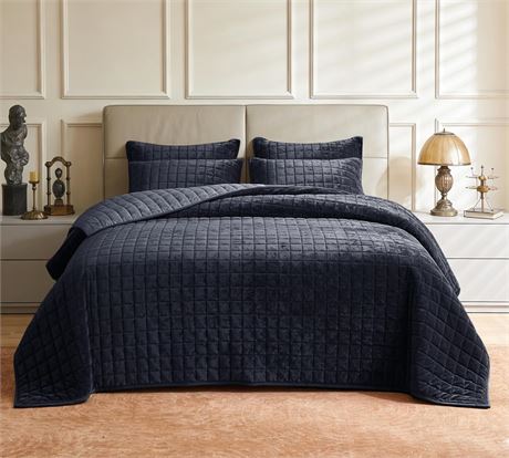 Velvet King Quilt Set 98x106 Ultra Bedding with 2 Pillow Shams, Blue Gray