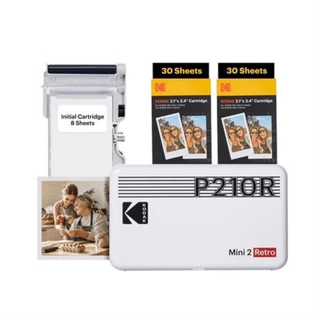 KODAK Mini 2 Retro 4PASS Photo Printer 2.1x3.4" + 68 Sheets White Bundle