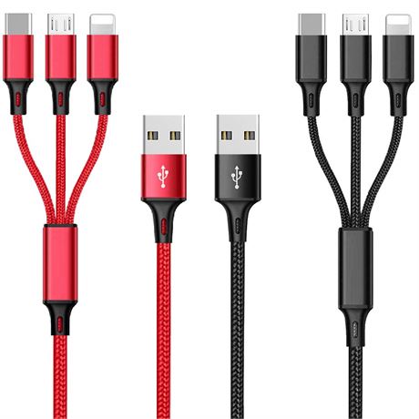 Câbles 3 en 1 tressés universels x2, USB-C + micro USB, long, rouge/noir
