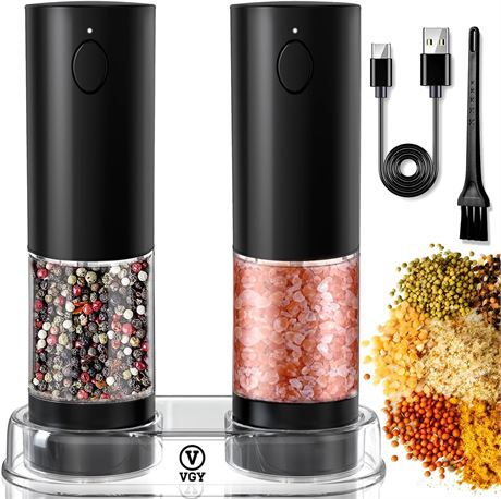 VGY Electric Salt & Pepper Grinder Set, 2-Pack, Rechargeable, One-Handed