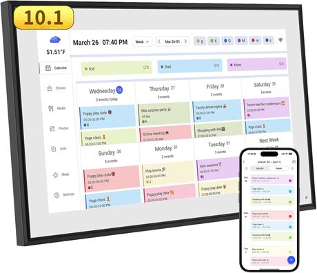 10.1-Inch Smart Digital Calendar & Chore Chart, HD Touchscreen, WiFi Sync