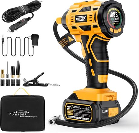 AUTDER Cordless Tire Inflator, 180PSI 21V Battery, Car Adapter, Pump