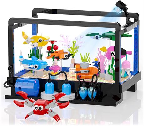 Tenhorses Fish Tank Building Blocks with Lighting Aquarium, Submarine & Chest